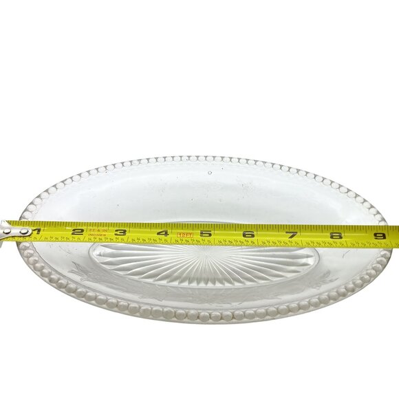 Vintage Oval Glass Serving Dish With Floral Etching & Beaded Rim - Picture 4 of 5